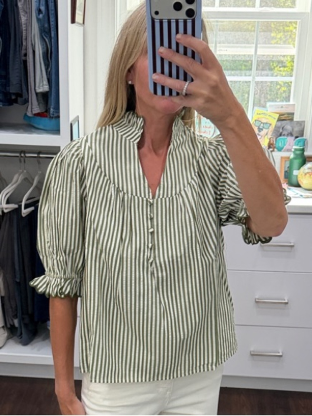 Avara Striped Green Puff-Sleeve Blouse S NWT